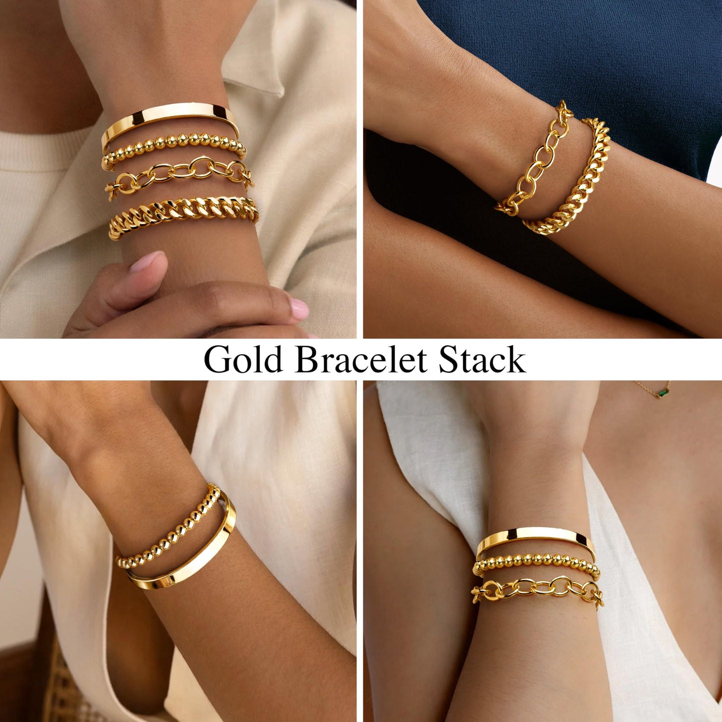 Chunky Gold Bracelet Stack for Women Non Tainish, Chunky Stackable Thick Bracelets Set for Women, Gold Plated Large Bracelet Stack With Bangle Beaded Cuban Paperclip Chain Jewelry Gifts for Mom Her