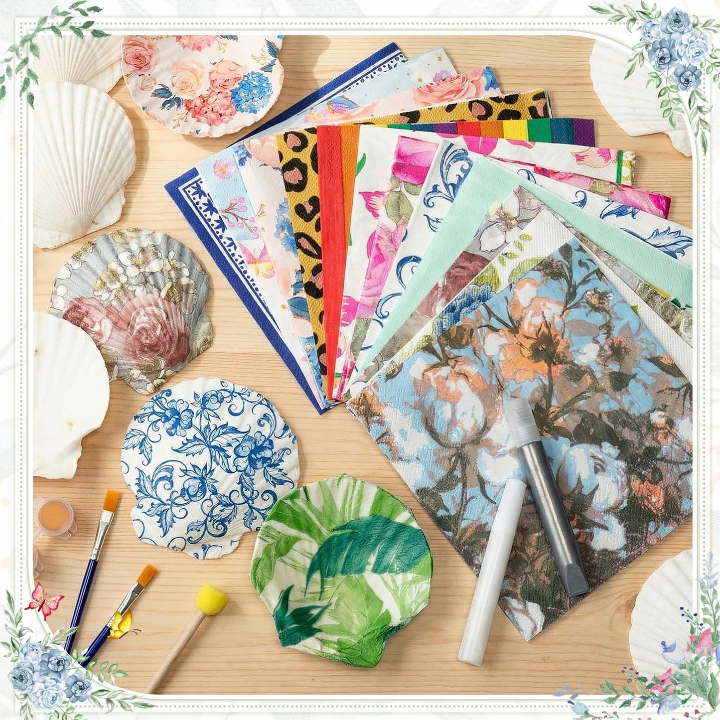 Crtiin 48 Pcs Decoupage Kits, 18 Pcs 4'' White Scallop Shells, 24 x Assorted Decoupage Paper Napkins with Glue Paint Strips Pigments and Paint Brushes for Home Decor Ornaments DIY Arts Crafts (Fun)