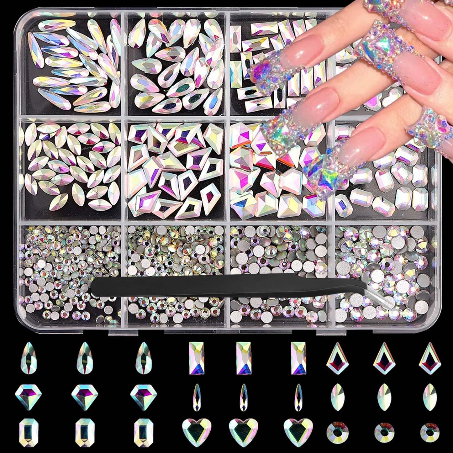 Laser Silver Nail Gems AB Crystal White Nail Charms Flatback Nail Jewels 3D Multi Shape Size Stones Diamonds Nail Rhinestones Clear Iridescent Beads Gems for Nails Faces Eyes Makeup Crafts 12Grid