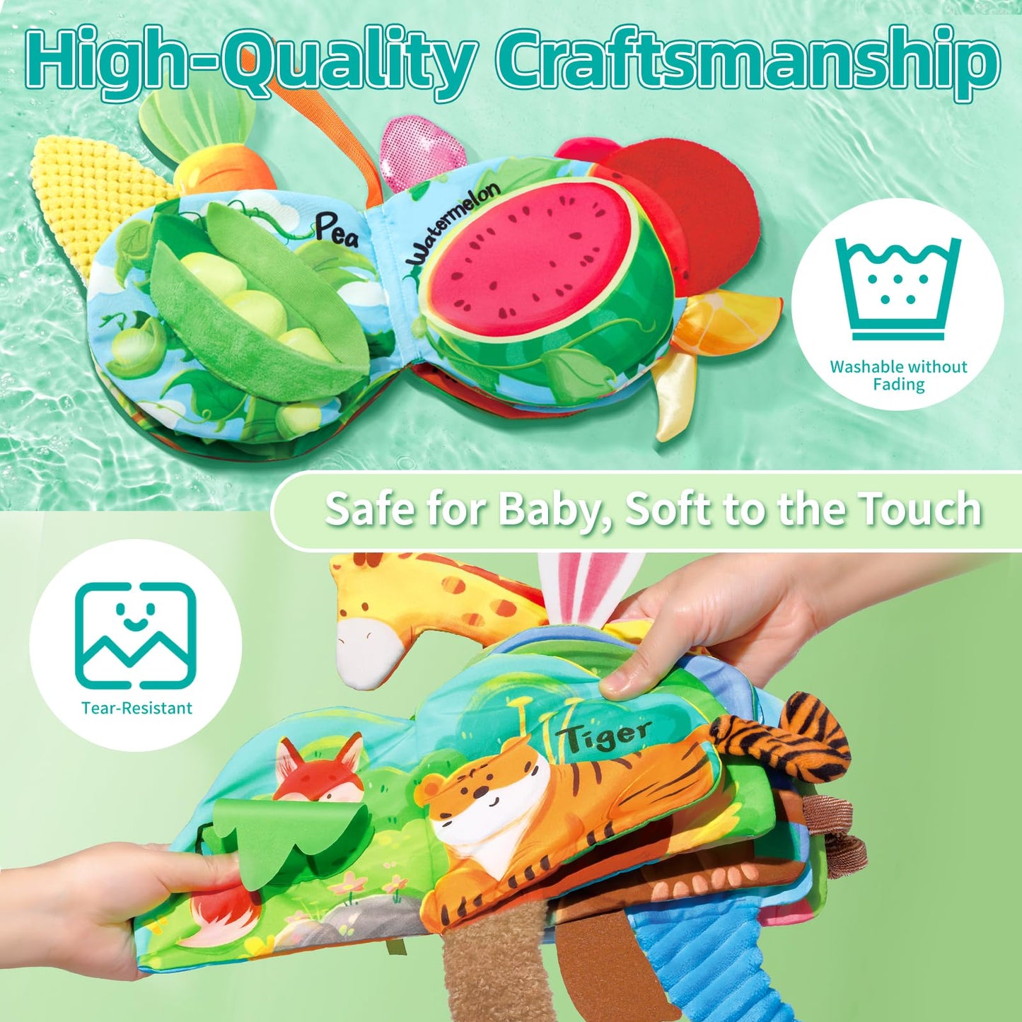 auby Baby Cloth Books - 3 Pack Soft Fabric Books for Babies with Crinkle Sound, Tactile Tails & Montessori Toys, Machine Washable