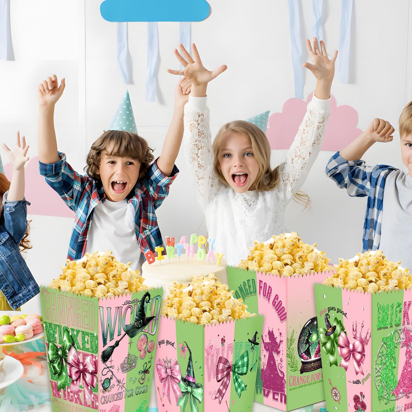 24pcs Witch theme Party Popcorn Boxes ,Green and Pink Popcorn Treat Boxes Dessert Cookie for Birthday Party Decorations