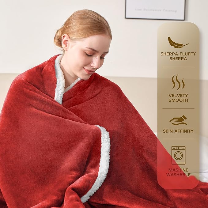BEAUTEX Sherpa Fleece Throw Blanket Twin Size for Couch - Thick and Warm Blanket for Winter, Fluffy Flannel Plush Twin Blanket, Fuzzy Wine Cuddle Blankets for Couch Bed Sofa (60" x 80", Wine)