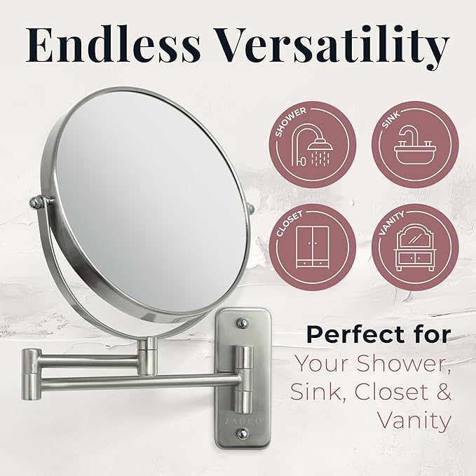 Zadro 7" Wall Mounted Wardrobe, Vanity Makeup Mirror with Magnification & Extending Arm (Large | 12.25" x 12" | 8X/1X, Satin Nickel)
