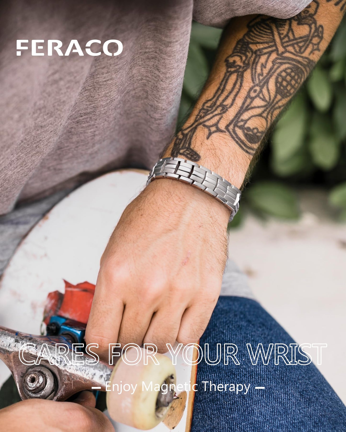 Feraco Magnetic Therapy Bracelet for Men,Titanium Steel Bracelet with 5X Strength Magnets,Premium Fold-Over Clasp (Silver)