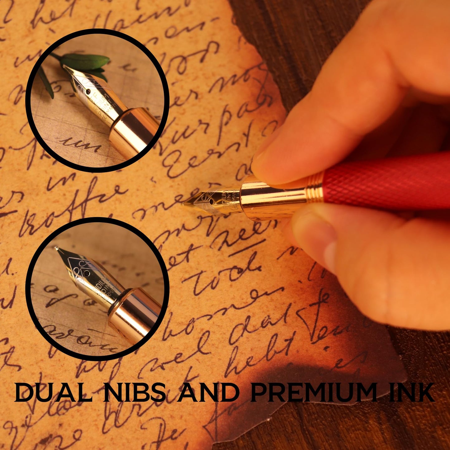 DUNBONG Luxury Fountain Pen, Aureate Gold Powder Finish, Gold Plating and Red Lacquer, Intricate Engraved Pattern, Gilded Medium Nib, Refillable Ink Converter, Luxury hard Gift Box(lion)