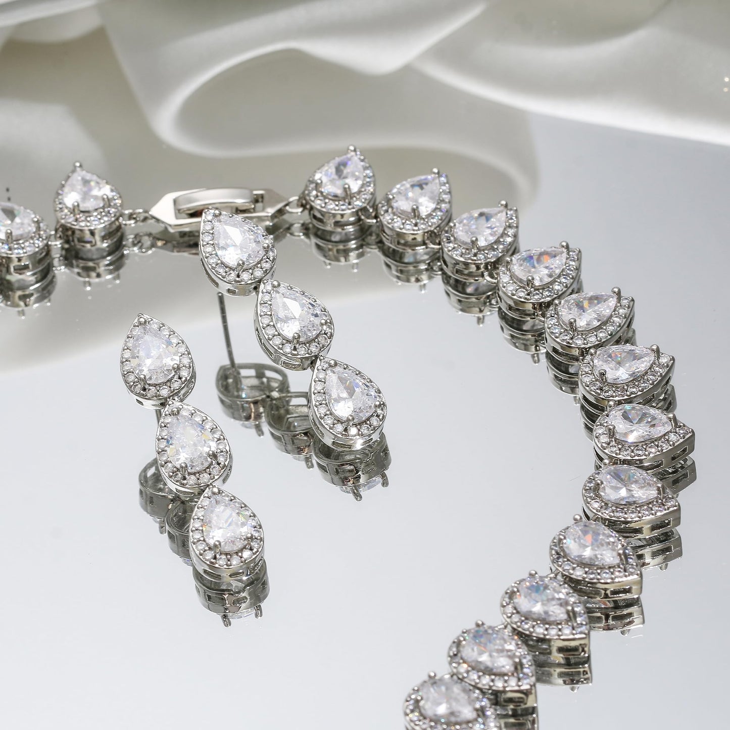 EleQueen Women's Wedding Bridal Full Prong Cubic Zirconia Teardrop Necklace Earrings Set for Brides Bridesmaids Clear Color