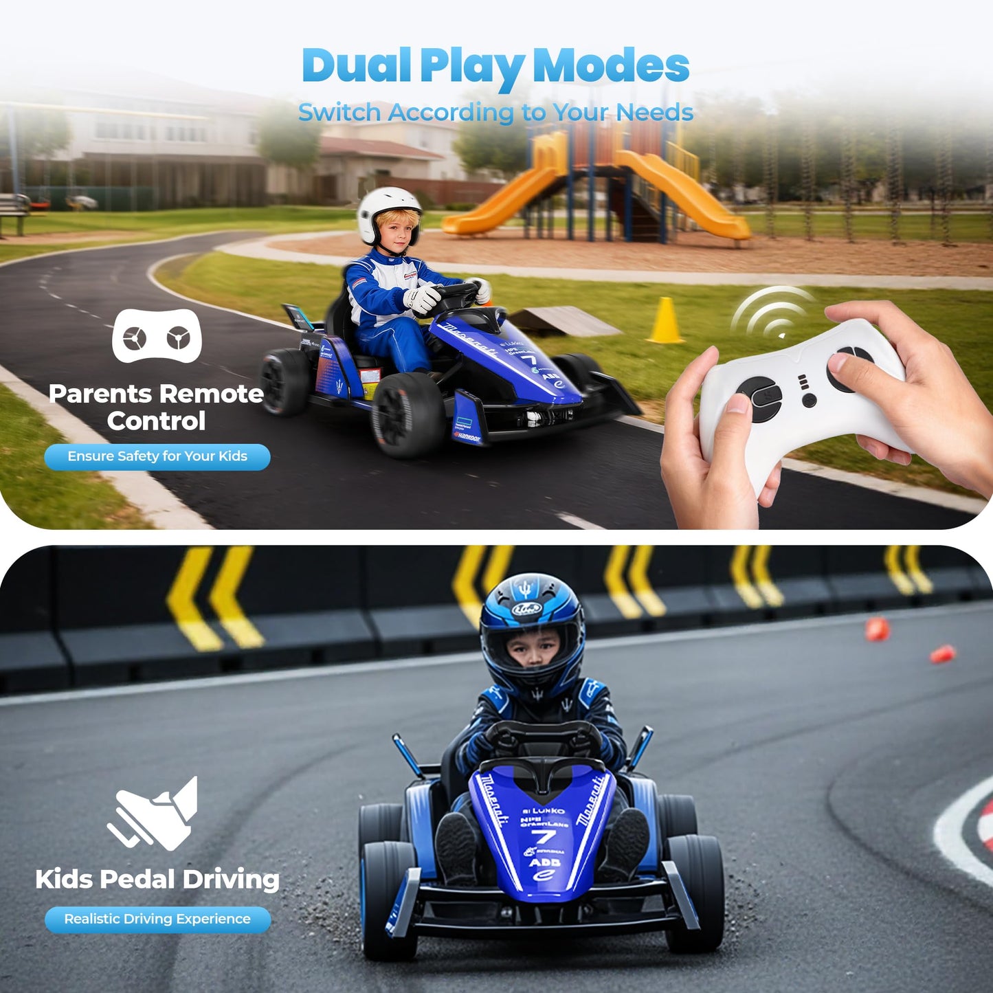 Licensed Formula E 12V Go Kart for Kids for Ages 3-8, 550W Motors Electric Kids Go Cart Ride On Car with 3-Speed Parent Remote Control,Shock-Absorbing Spring,Soft Start/Stop(Royal Blue)