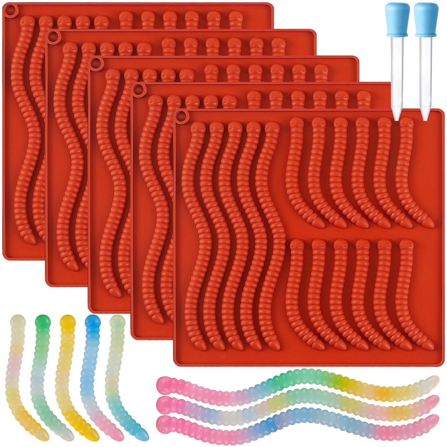 Wilewir 7Pcs Gummy Worm Molds Silicone for Gummies Candy, Worm Gummy Candy Chocolate Molds Silicone for Candy
