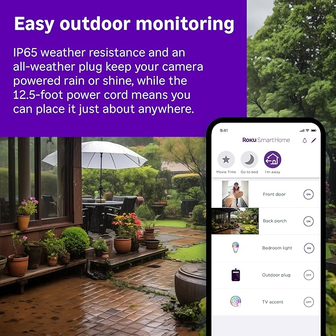 Roku Outdoor Camera - Home Security - IP65 Weather Resistant Wired Security Camera & Pet Monitor with 1080p HD Night Vision, Works with Alexa & Google, WDR, Motion & Sound Detection