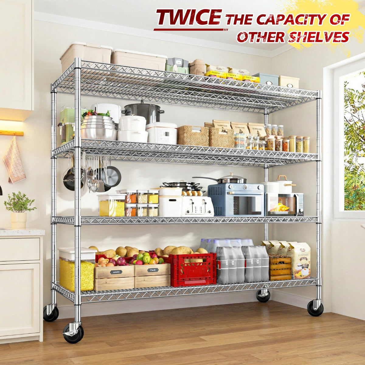 55.5''W Storage Shelves 2500LBS Wire Shelving Unit with Wheels Heavy Duty Metal Shelves for Storage Adjustable Garage Storage Rack Pantry Shelf Kitchen Shelving (4 Count)