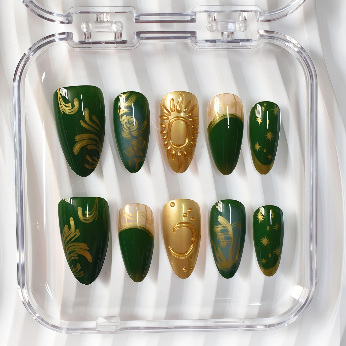 Medium Press on Nails Almond Fake Nails Green Acrylic Nail Press Ons Seeneey Flowers and Gold Charm Designs Stick on Nail for Women 10pcs