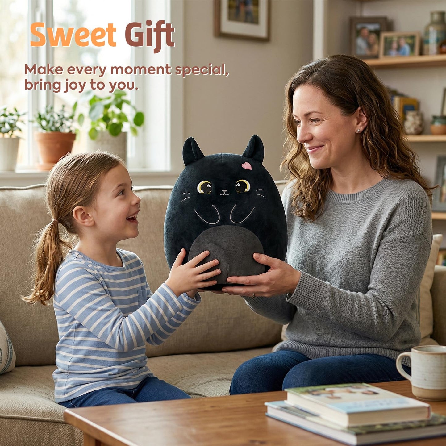 PEACH CAT Original Black Cat Stuffed Animal 12" Cute Kitten Plushies Soft Plush Toys Gifts for Kids