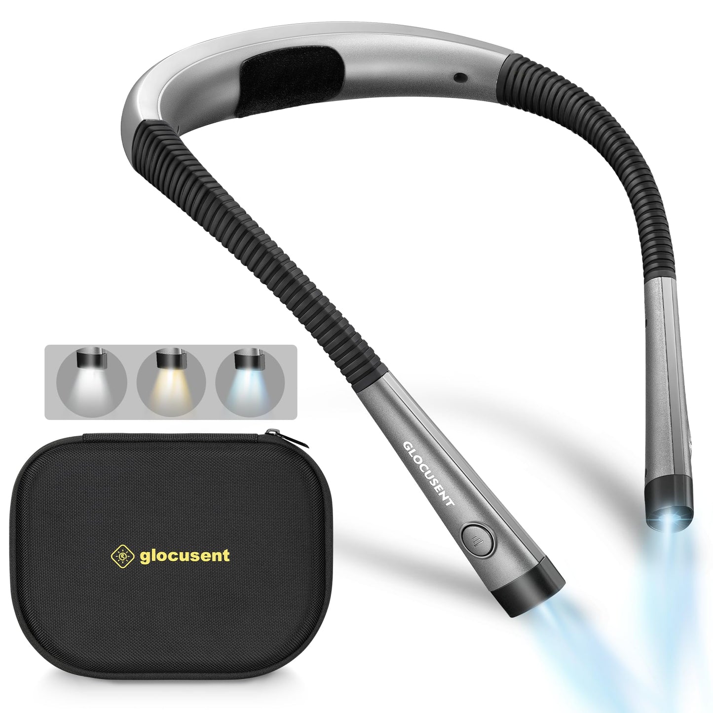 Glocusent Book Light with EVA Case, 3-Color & 6-Brightness Reading Light, Bendable Neck Light, Durable Rechargeable Lamp, Perfect Book Light for Reading in Bed, Knitting, Repairing, Book Lovers Gifts