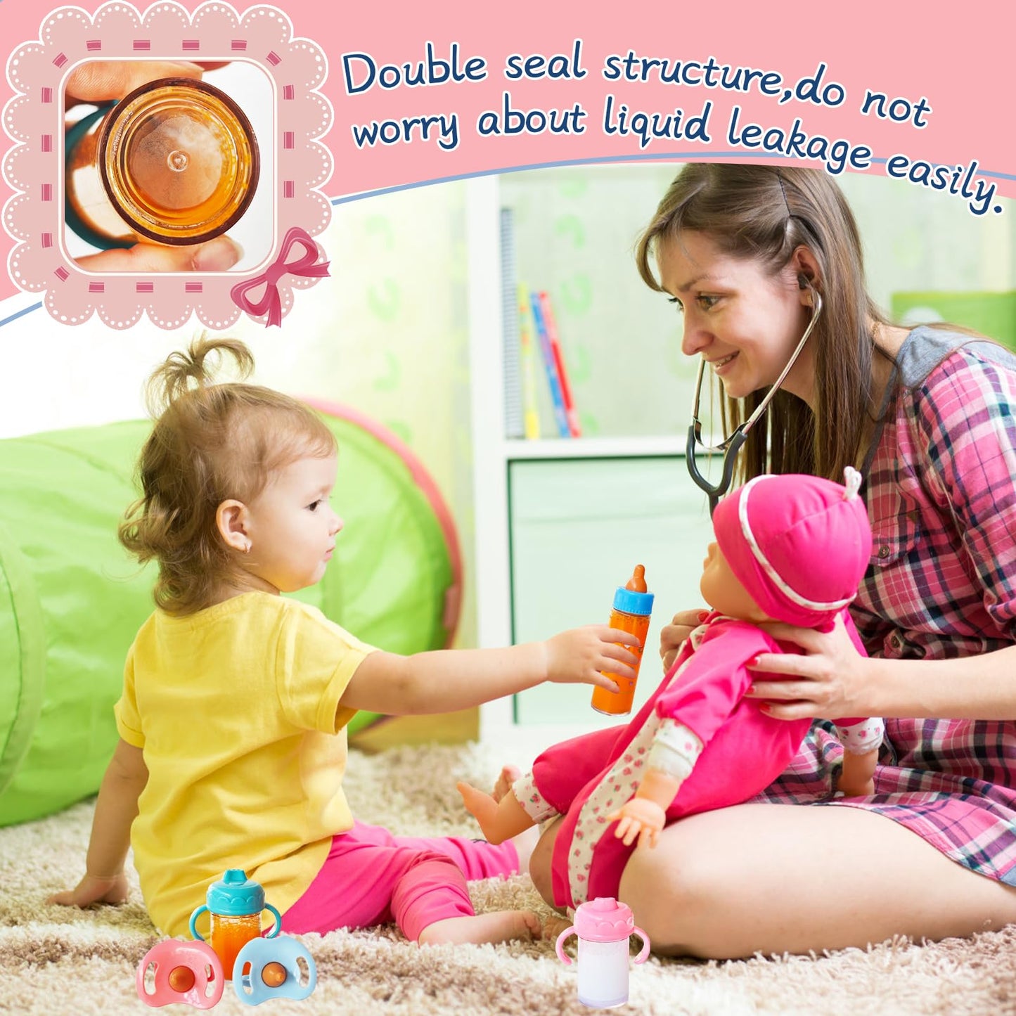 Woozettn 26 Pcs Baby Doll Accessories Magic Bottle Set,Pretend Play Feeding Toy Set with Package,Doll Feeding Set for Kids Girls,Magic Disappearing Juice Milk Bottles,Sippy Cups,Pacifiers,Bowl Spoons
