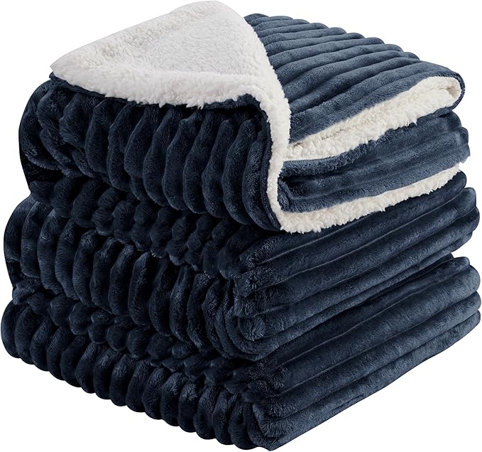 INFIIXSO Sherpa Fleece King Size Blanket - Super Soft & Warm Striped Fleece, Cozy Plush Fluffy Large Bed Blanket All Season Use (Navy Blue, 104x90 Inches)