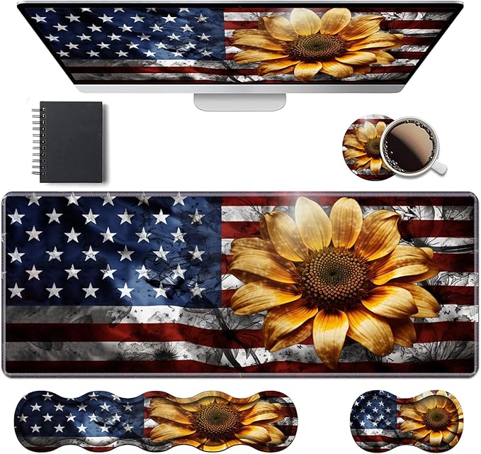 Ergonomic Keyboard Wrist Rest & Mouse Pad Wrist Rest Set, Large XXL Gaming Desk Mat 31.5"x 11.8" with Memory Foam, Easy Typing Pain Relief for Office & Home, American Flag Sunflower