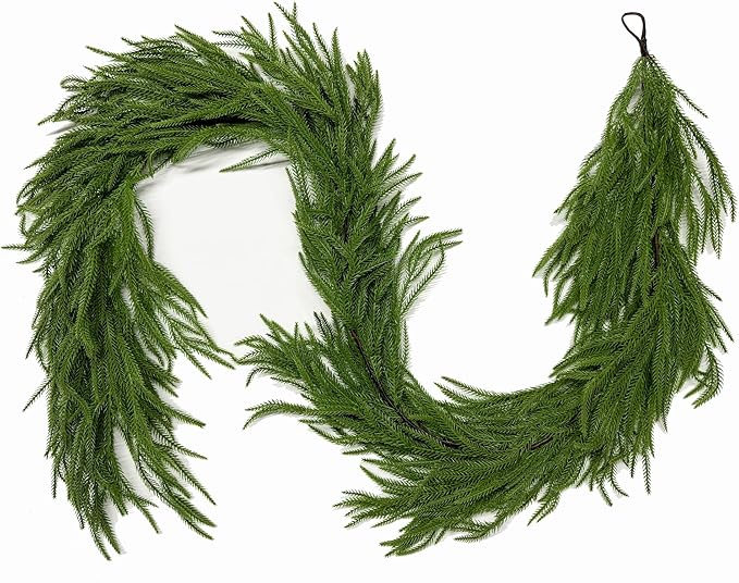 9FT 2PCS Christmas Garland Norfolk Pine Garland Real Touch Artificial Greenery Garland for Mantle Fireplace Table Indoor Outdoor Holiday Decortions (Dark Green)