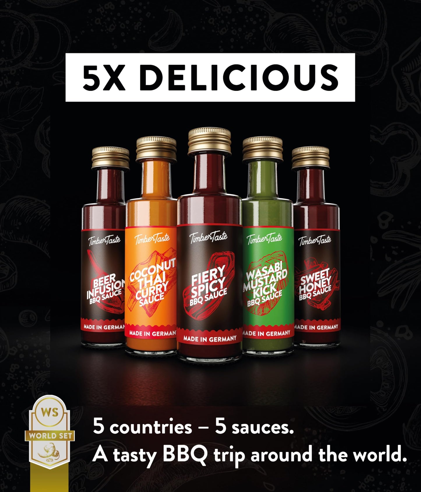 TIMBER TASTE® Exotic BBQ Sauce Gift Set for Men [5x40 ml] - BBQ Sauce Variety Pack with Barbeque Sauce Sampler Blends | Food Gift Sets | Hot Sauce Gift Sets Style Grill Picks for Dad Birthday