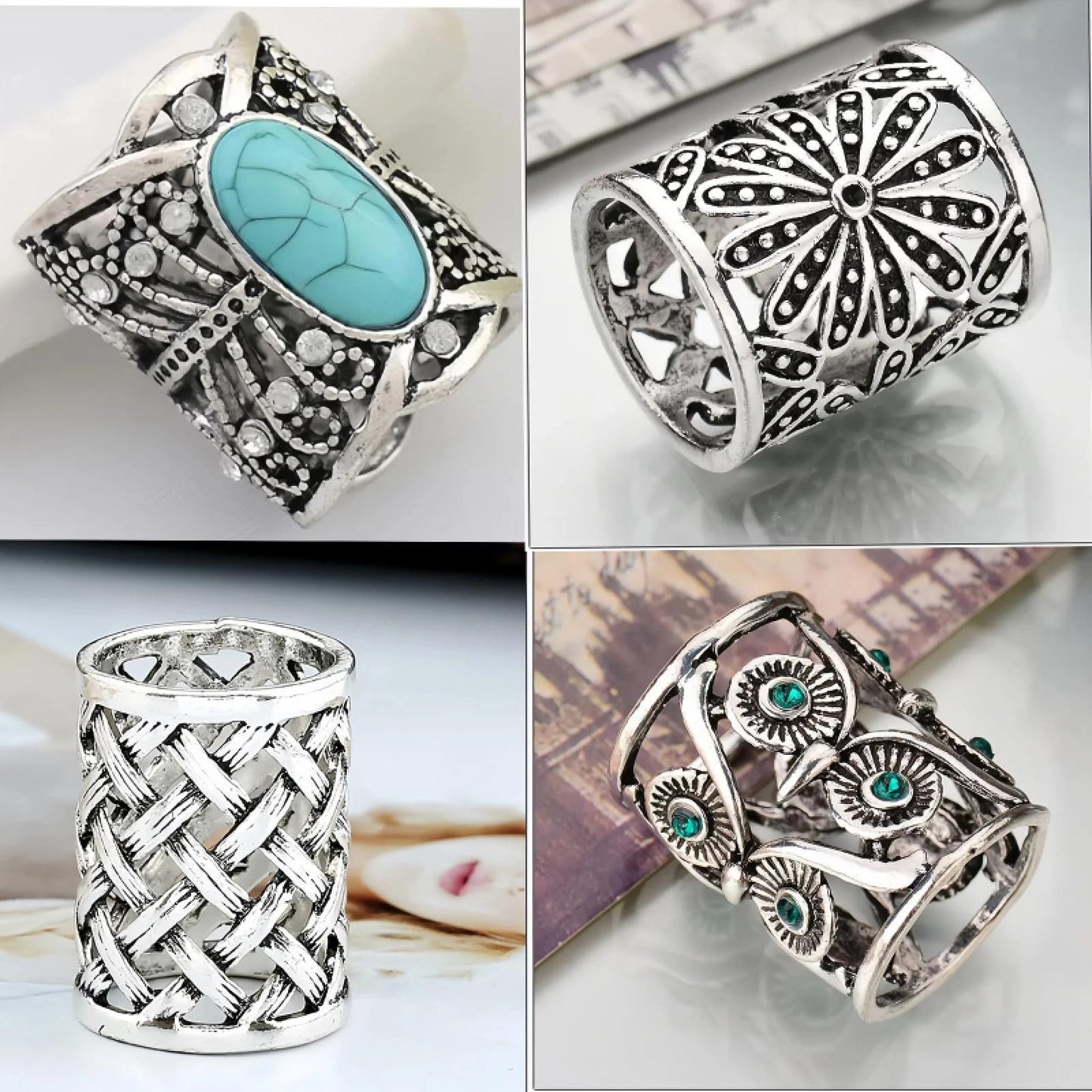 SYWDUDUCLT Vintage Style Scarf Ring Set, 4 Pack, Silver Tone with Floral, Turquoise, Weave and Owl Designs