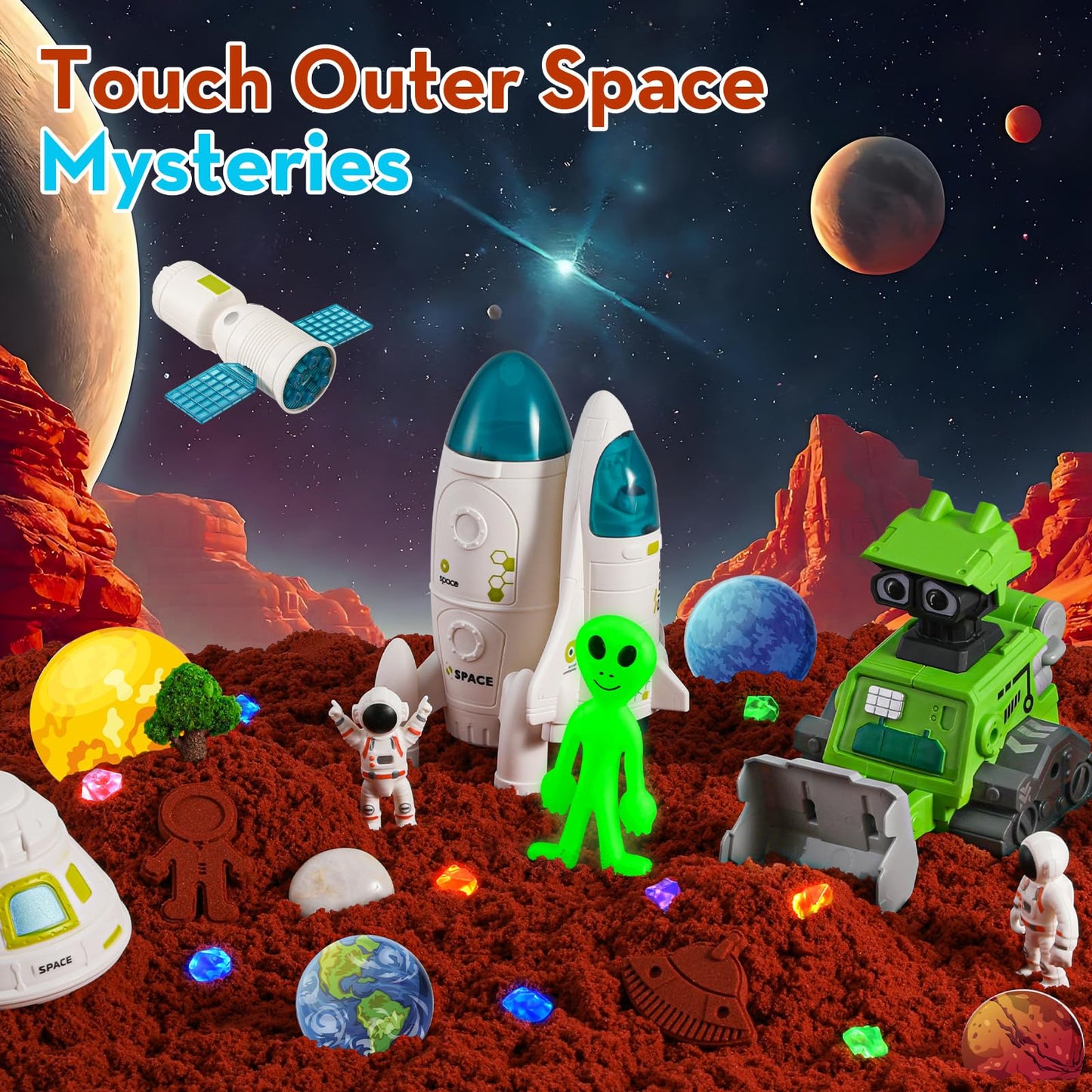 KNASON Outer Space Sensory Bin,Play Sand Kit for Boys with 2.2lbs Sand,Glow in The Dark Alien and Gems,Space Science Kits Sandbox Toys Preschool Toddler Activities Christmas Gift for Kids Ages 3-8
