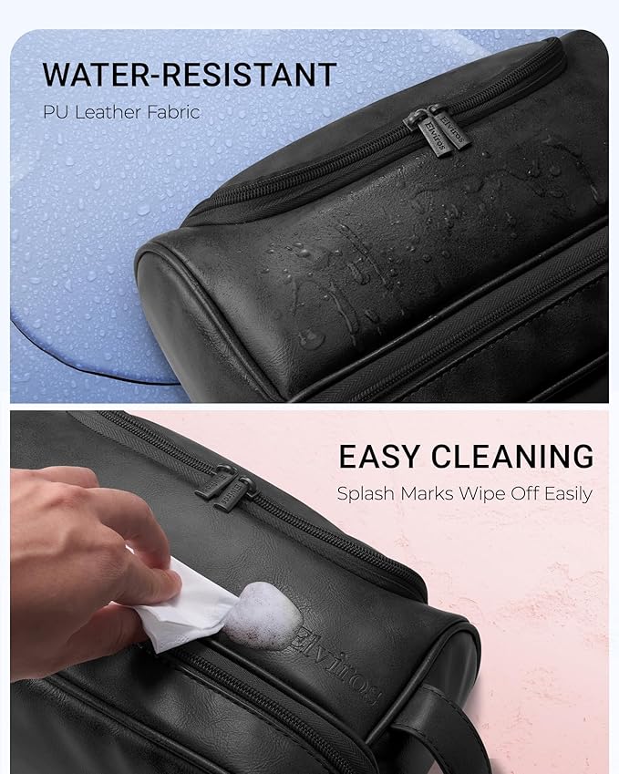 Elviros Toiletry Bag for Mens PU Leather Travel Organizer Kit with Hanging hook, Large Water-resistant Toiletries Bathroom Shaving Bags(Extra Large, Black)