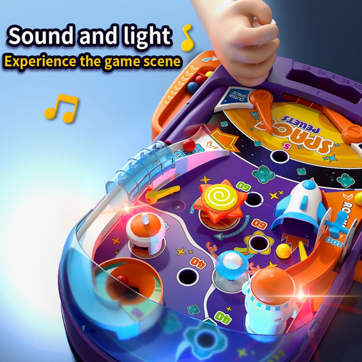 OLEOCA Tabletop Pinball Machine - Space Mini Arcade Game with Sound & Light, Pull-Back Launcher, Flippers, Carry Handle, Suction Cup Feet, Games for Kids Ages 3+
