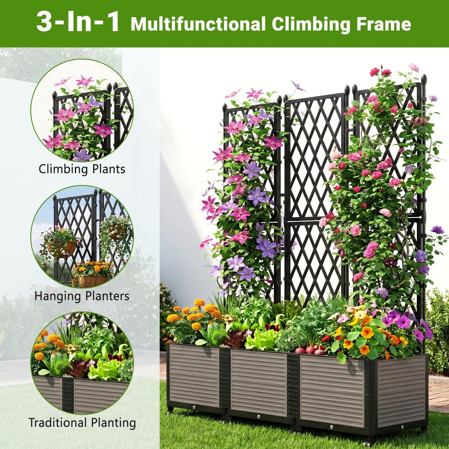 DoCred 63" H Raised Garden Bed Planter Box with Trellis, Floorstanding Vertical Horticulture Planter Box Tomato Cage with Wheels for Vine Climbing Plants, Flowers, Herbs