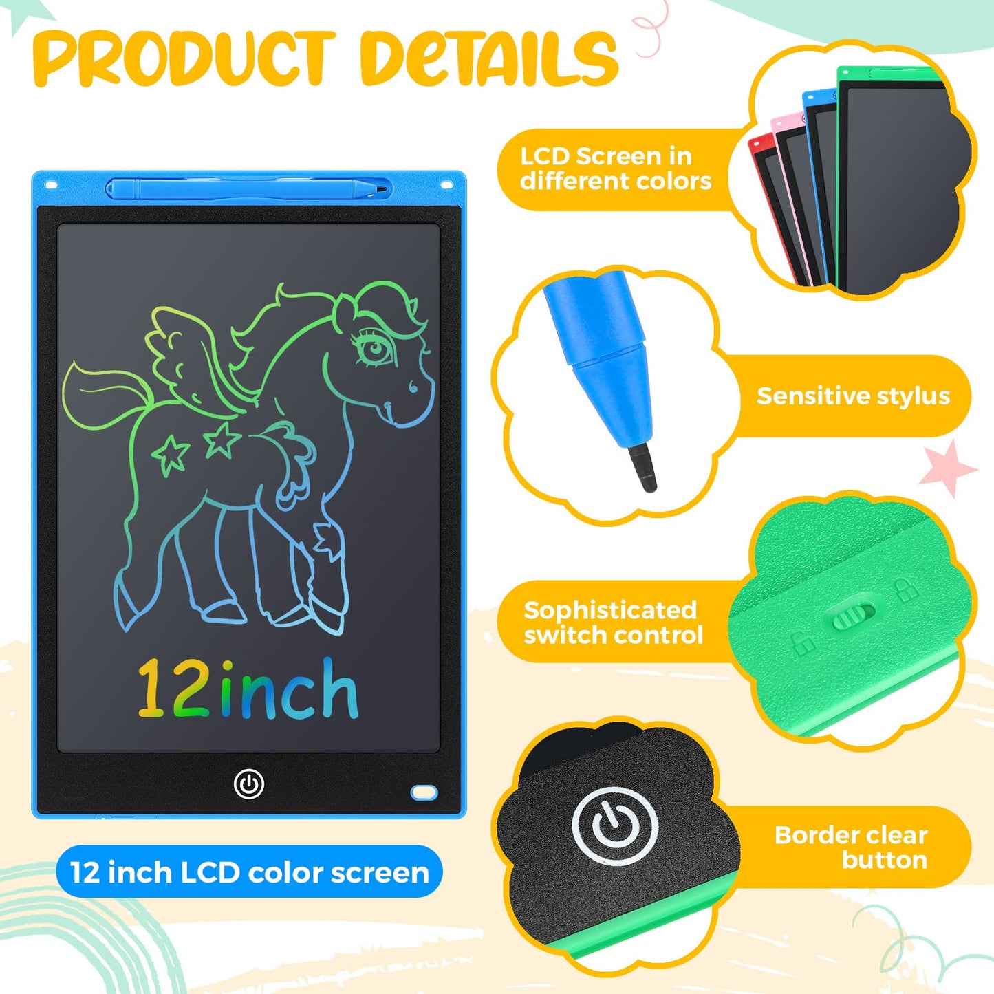 Epakh 4 Pcs 12 Inch LCD Writing Tablet Doodle Board for Kids Digital Erasable Drawing Pad with Colorful Screen Educational Christmas Gift for 3-10 Years Old Girls Boys(Colorful)