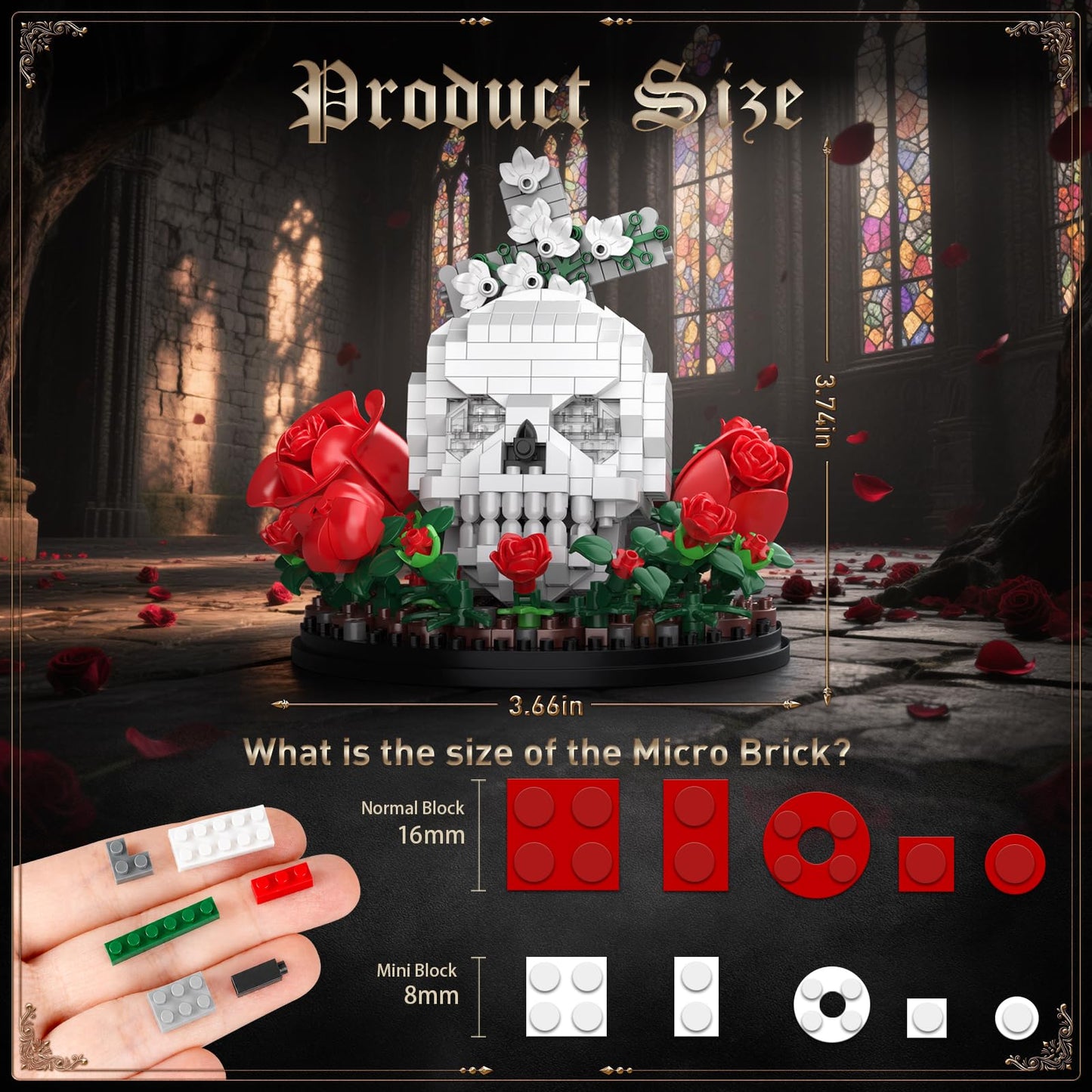 Vziimo Skull & Flowers Building Set, Gothic Skull Roses Micro Building Blocks Decor Model Kit with Cross, Horror Gifts for Adults, Teens Age 14+, Gothic Art Fans (582 PCS)