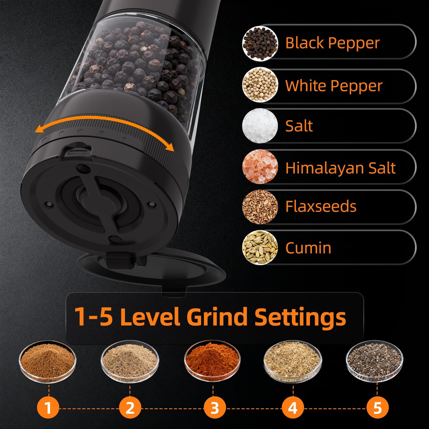 Electric Salt and Pepper Grinder Set-2 Pack Rechargeable Automatic Pepper Mill with Base,5-Level Adjustable Coarseness, Display, LED Lighting, Large Capacity-Ideal for Kitchen, BBQ Gifts (2, Black)
