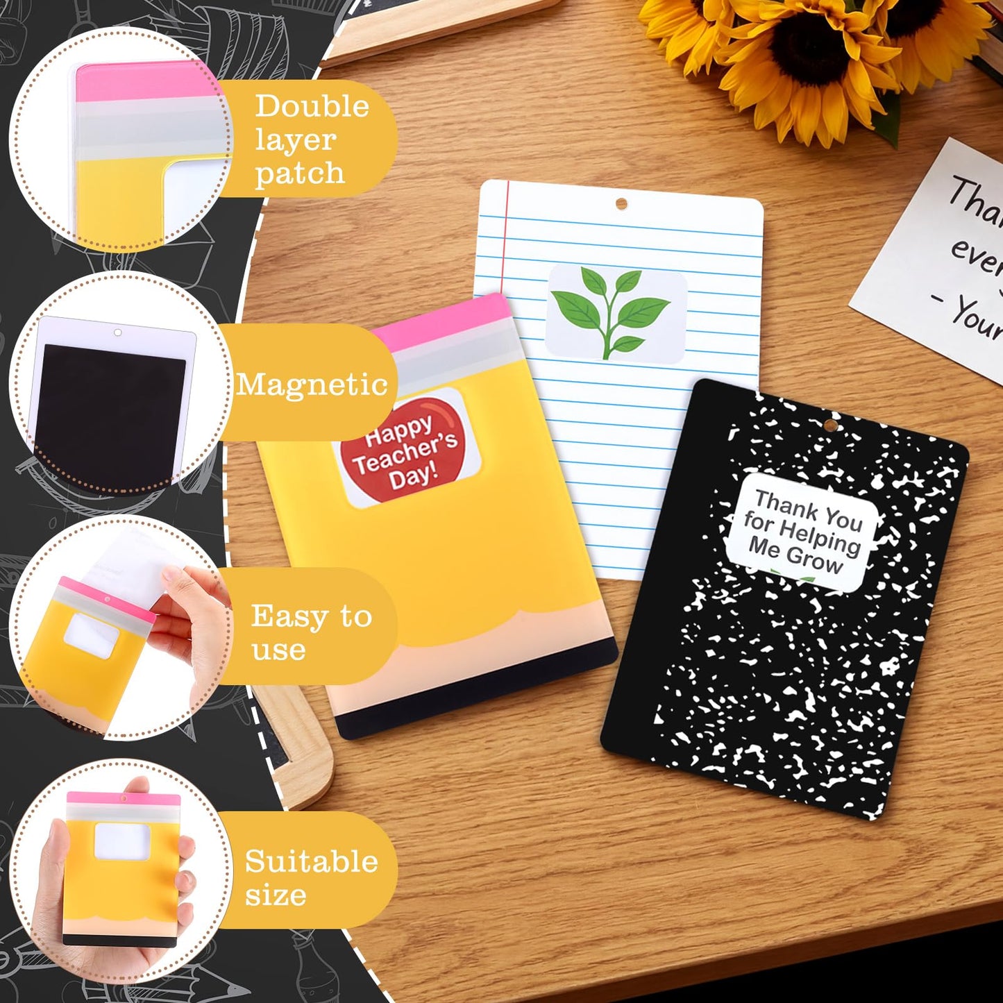 Poola Voidra 6 Pcs Teacher Appreciation Magnetic Gift Card Holder Composition Book Notebook Pencil Acrylic Gift Card Sleeves Thank You Teacher Money Holders for Back to School Appreciation Week