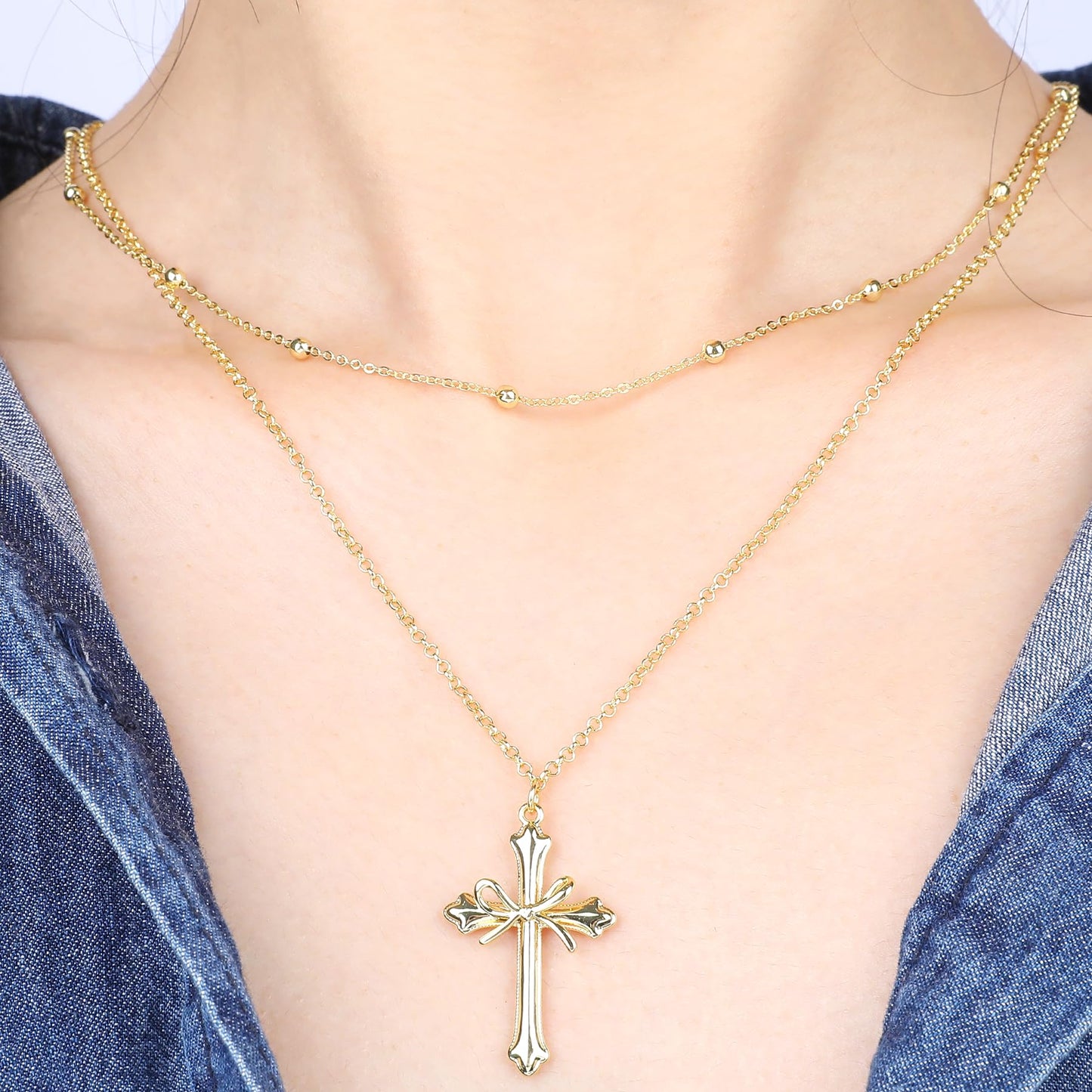 NEKOL Cross Layering Necklace for Women, Elegant Fleur-de-Lis Cross Pendant with Ribbon Bow, Retro Chain for Daily Occasions