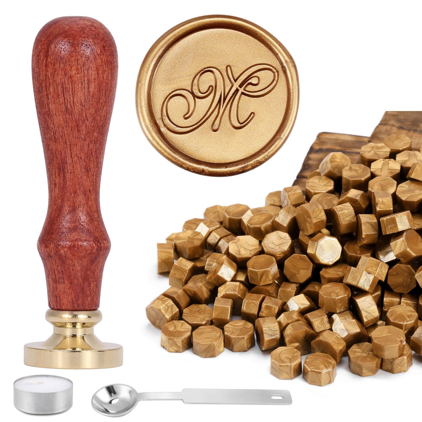 Yoption Wax Seal Kit, Vintage Handwriting Initial Alphabet Stamp with 120 Antique Gold Sealing Wax Beads for Wedding Invitation Gift Envelopes Wrap Christmas Card - Letter M