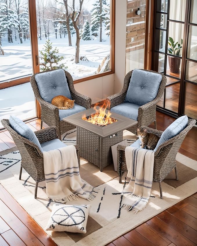 Outdoor Patio Chairs with Fire Pit Table 5 Piece Set - High Back Brown Wicker Rattan Lawn Chair with Thick Cushion for Porch Apartment Deck Yard Poolside Garden - Baby Blue