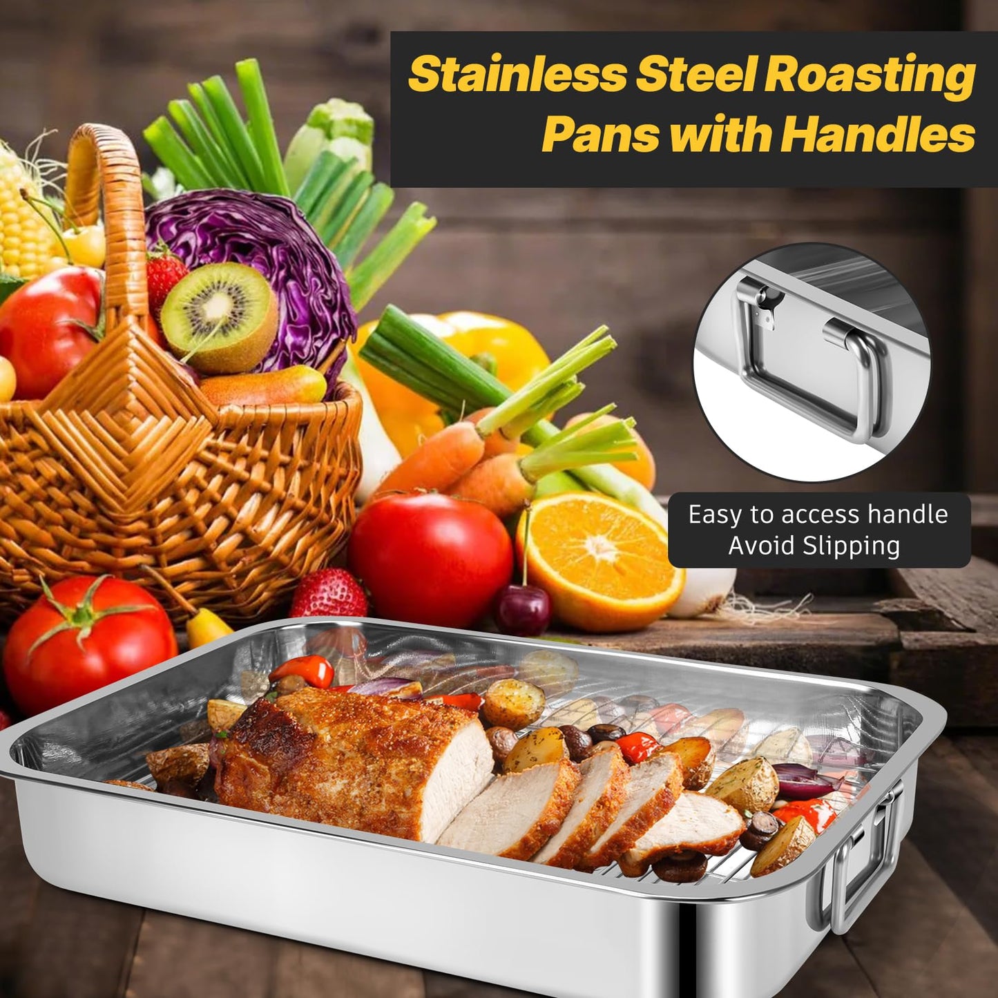 2 Pcs 12.7"15.5" Stainless Steel Roasting Pans with Handles, Baking Pan for Oven with 2 Pcs Flat Racks, Heavy Duty, Dishwasher Safe Rectangular Lasagna Pan with Handles for Turkey Chicken, Silver