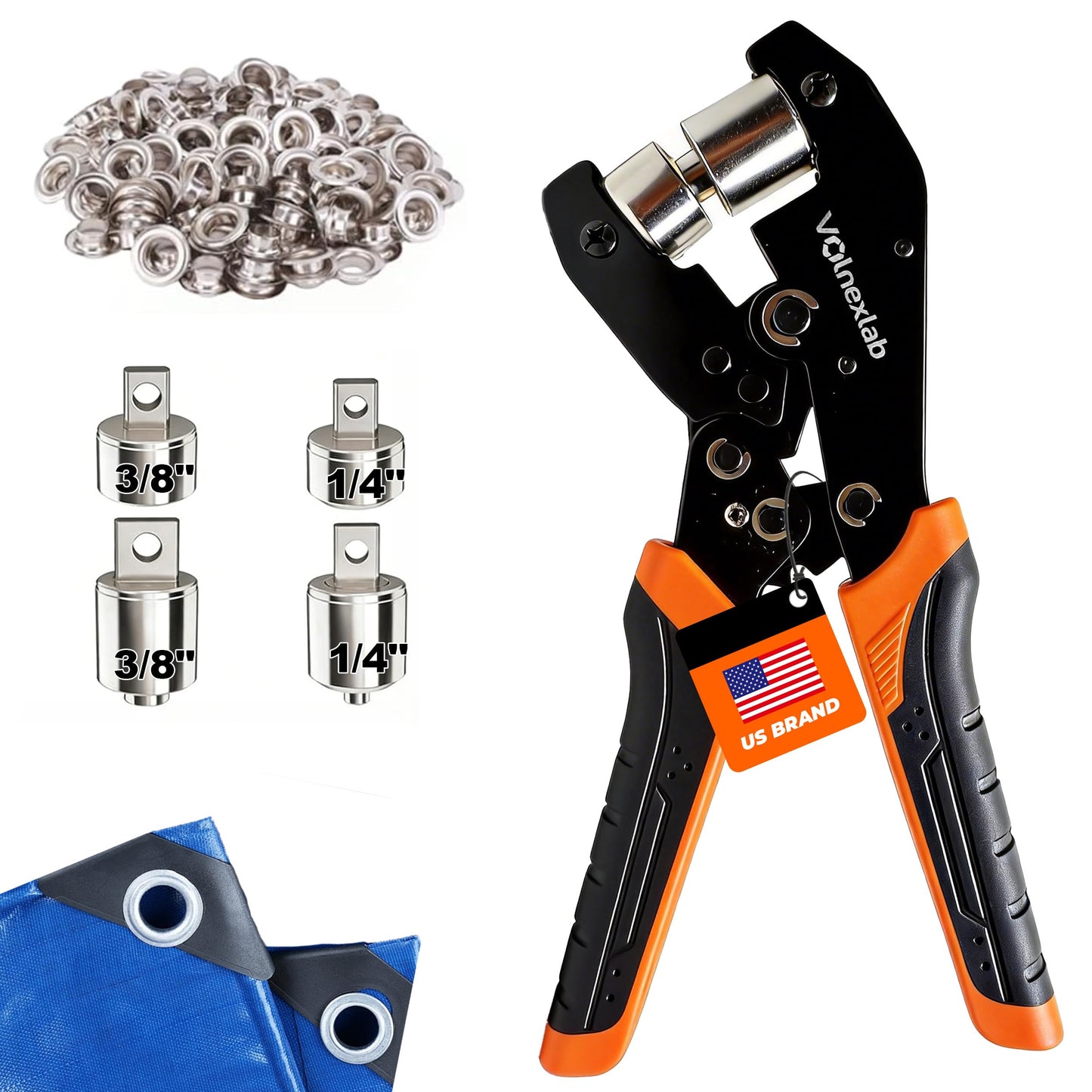 VOLNEXLAB Grommet Tool Kit, 1/4" and 3/8" Eyelet Pliers Set with 400 Silver Metal Grommets, Handheld Grommet Setter Kit for Canvas, Banner, Tarps, Tents, Vinyl, Leather and DIY Crafts