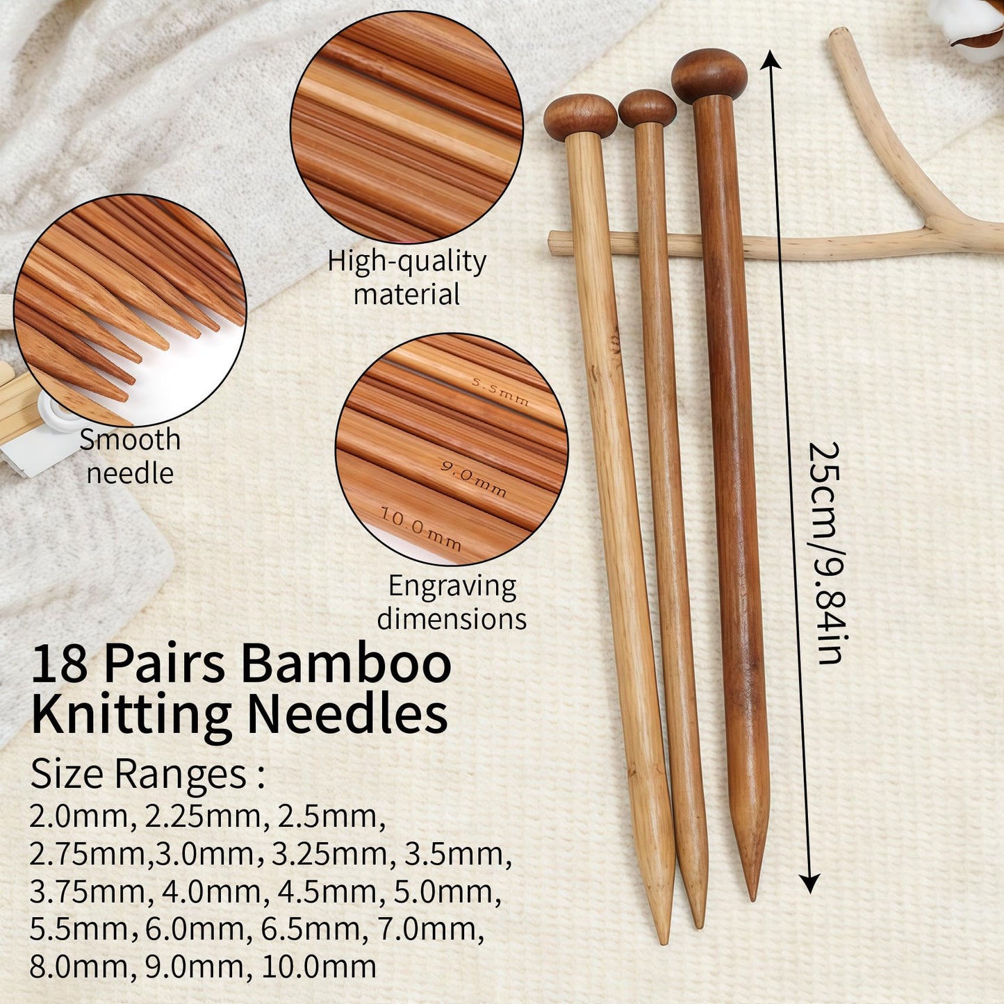 Bamboo Knitting Needles Set - 18 Pairs Wooden Knitting Needles for Beginners Complete Smooth Knitting Kit with Storage Bag (2.0-10.0mm) for Sweater Shawl Scarf DIY Craft