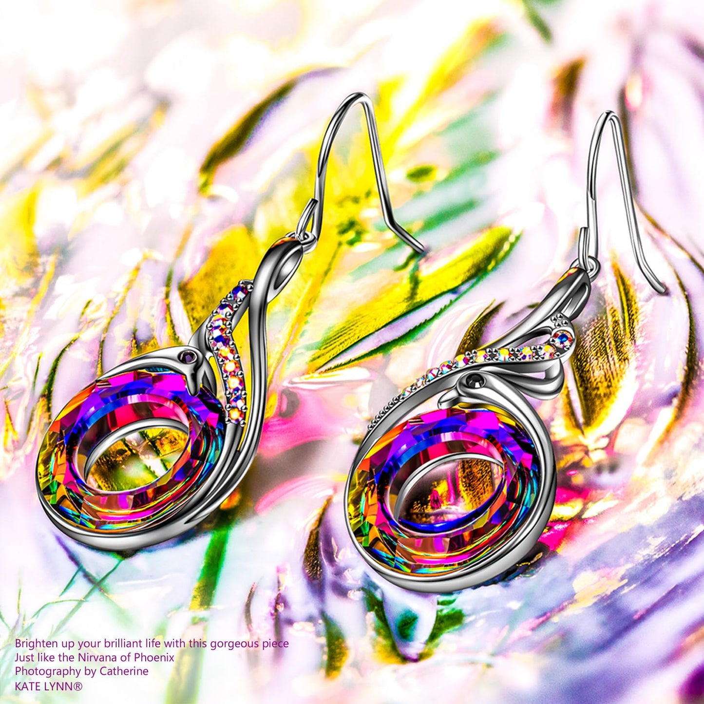 Kate Lynn "Rise From the Ashes" Phoenix Earrings, Sterling Silver Dangle Earrings with Crystals from Austria, Birthday Gift with Jewelry Box, Symbol of Luck and Renewal (Sterling Silver Volcano)