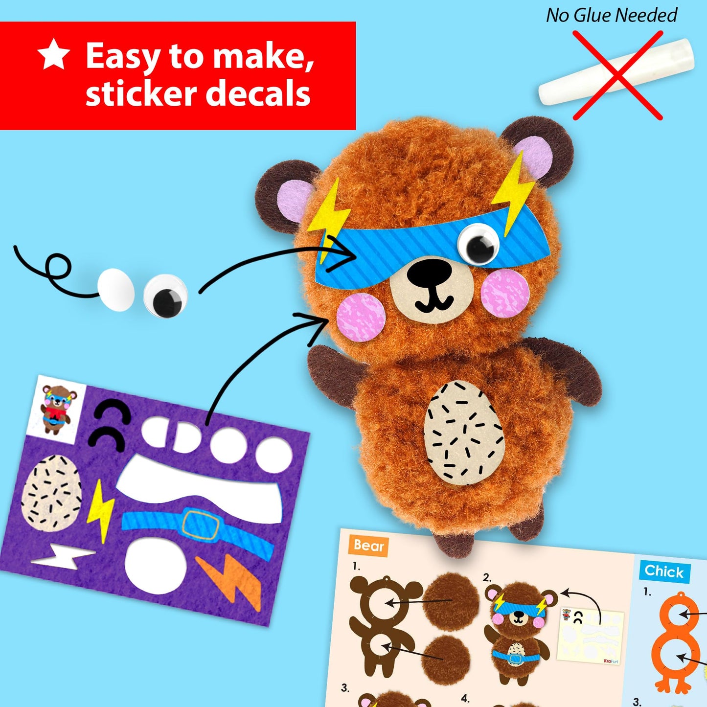 KRAFUN DIY Pom Pom Animal Craft Kit for Kids - Make 8 Pictures (Panda, Bear, Fox) - No Glue Mess-Free Sensory Art Activity - Creative Gift for Toddlers Boys & Girls Ages 3 4 5 6