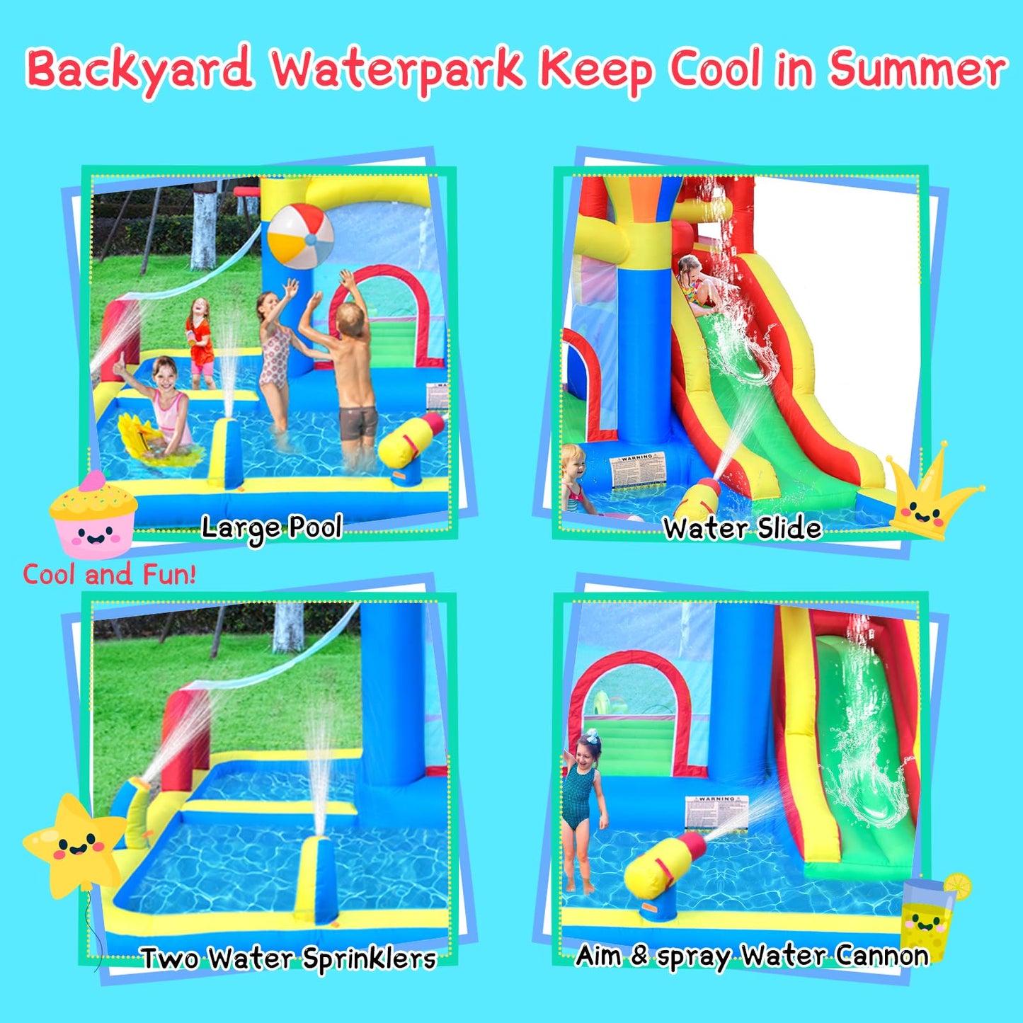 Baralir Inflatable Bounce House with Water Slide – Backyard Inflatable Water Park with 4 Sprinklers, 2 Splash Pools, Fits 5 Kids, Perfect for Summer Fun & Cooling Down