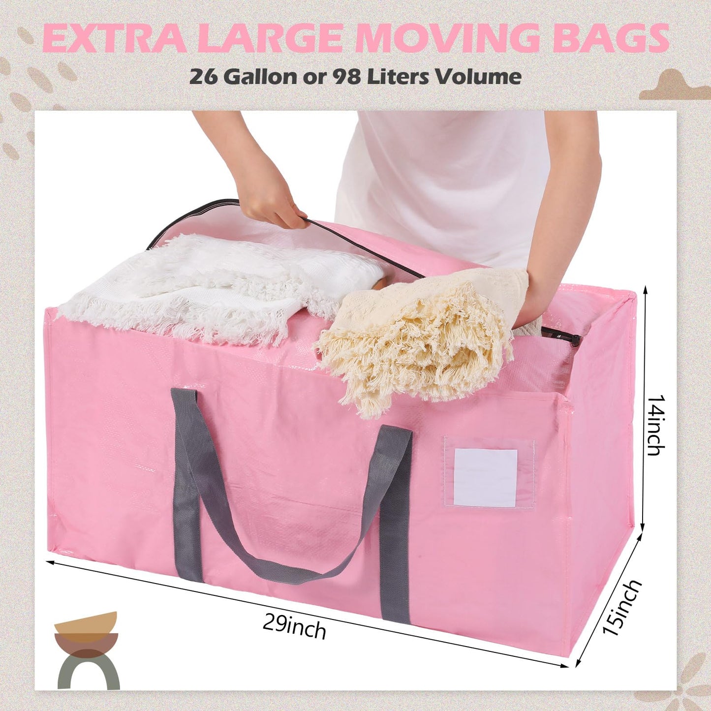 Vincreem 8 Pack Extra Large Moving Bags 65LBs Heavy Duty Packing Bags with Extra Long Handles and Zippers Storage Totes for College Students Room Dorm Essentials Packing Supplies(Pink)