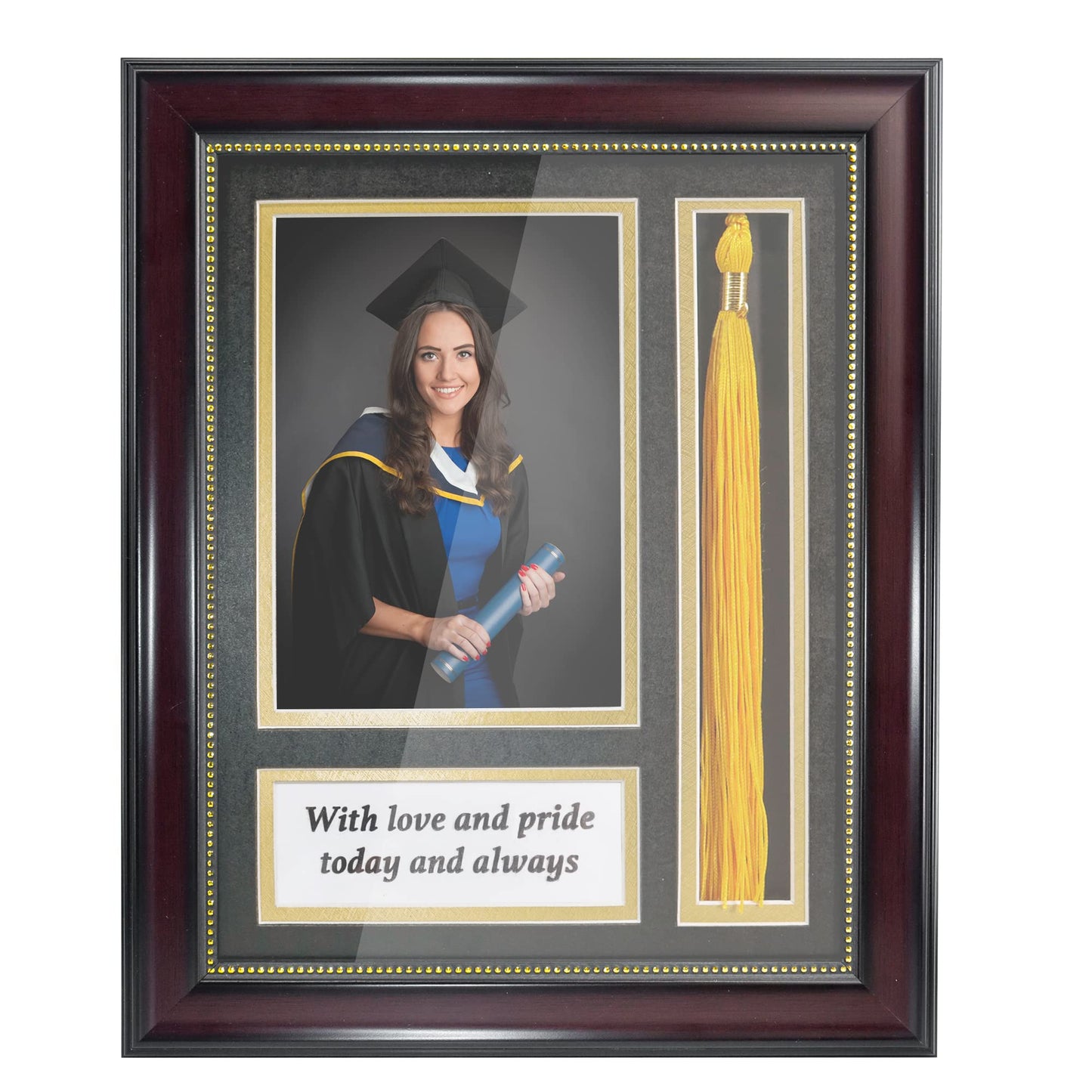 GraduationMall Graduation Photo Shadow Box Frame with Tassel Holder for 5x7 Pictures,Real Glass,Black over Gold Double Mat,Wall & Tabletop Design