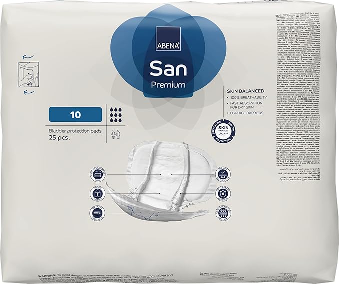 Abena San Premium Incontinence Pads, Heavy Absorbency, (Sizes 8 to 11), Size 10, 25 Count