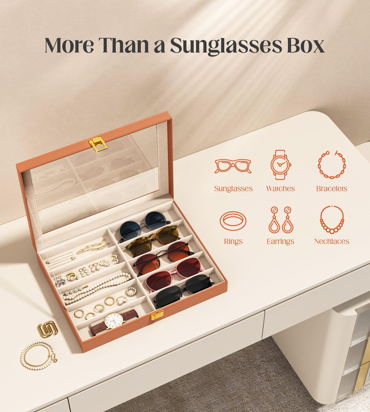 sensok Sunglasses Organizer Storage Box - 10 Slots Eyeglass Display Case for Multiple Pair Glasses, Sunglass Holder with Clear Glass Lid, Jewelry and Watch Collection Box for Women and Men, Brown