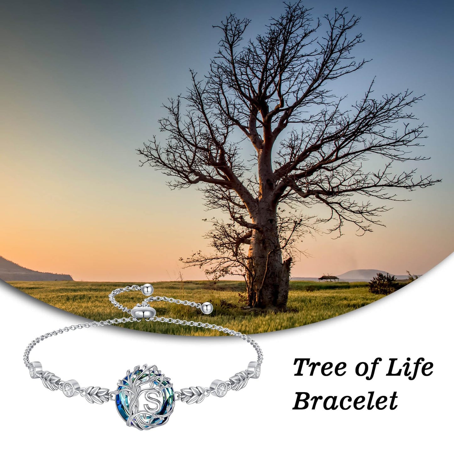 TOUPOP Tree of Life Initial Bracelet Sterling Silver Initials S Letter Link Bracelets Blue Circle Crystal Family Tree Birthday Mothers Day Jewelry Gifts for Women Mom Wife