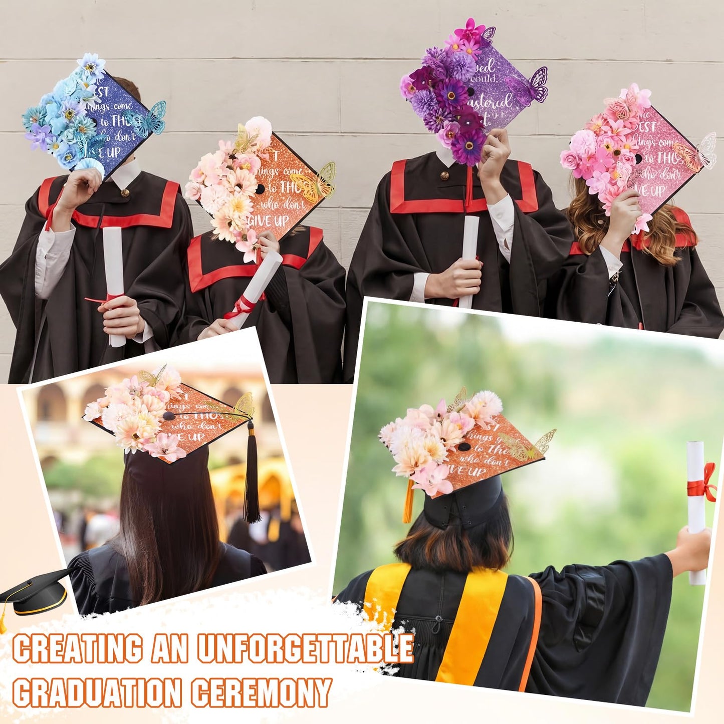 Dunzoom 34 Pcs DIY Graduation Cap Decorations Accessory Kit Artificial Flowers Inspirational Cardstock 3D Butterfly Stickers for DIY Hat Grad Cap Topper Graduation Party Supplies(Orange)