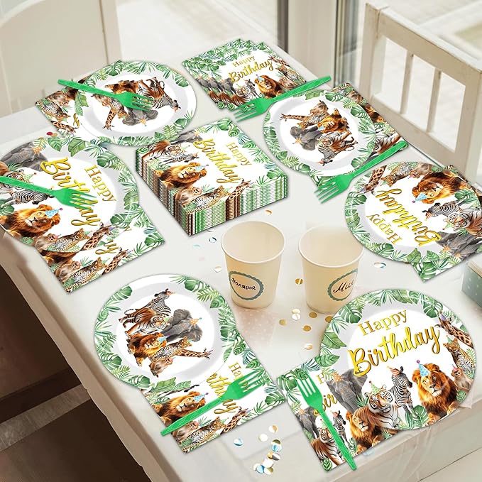 96Pcs Jungle Animals Plates and Napkins Safari Happy Birthday Party Decorations Zoo Party Dessert Plates Wild Animals Lion Tiger Theme Tableware for 24 Guests Men Woman Adults Birthday Supplies