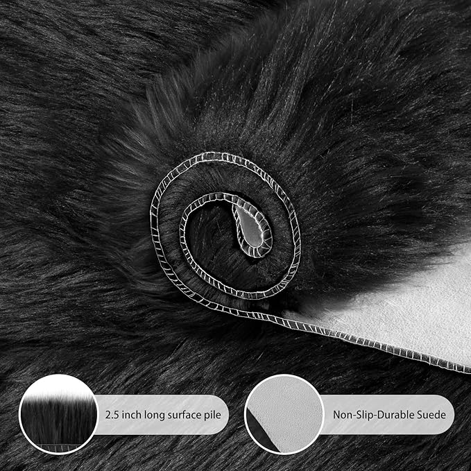 Ciicool Ultra Soft Faux Sheepskin Fur Rug Fluffy Chair Rug for Sofa Couch Seat Cushion.Shaggy Furry Small 2x4 Black Bedroom Fuzzy Carpet for Living Room Kid's Room Nursery Decor
