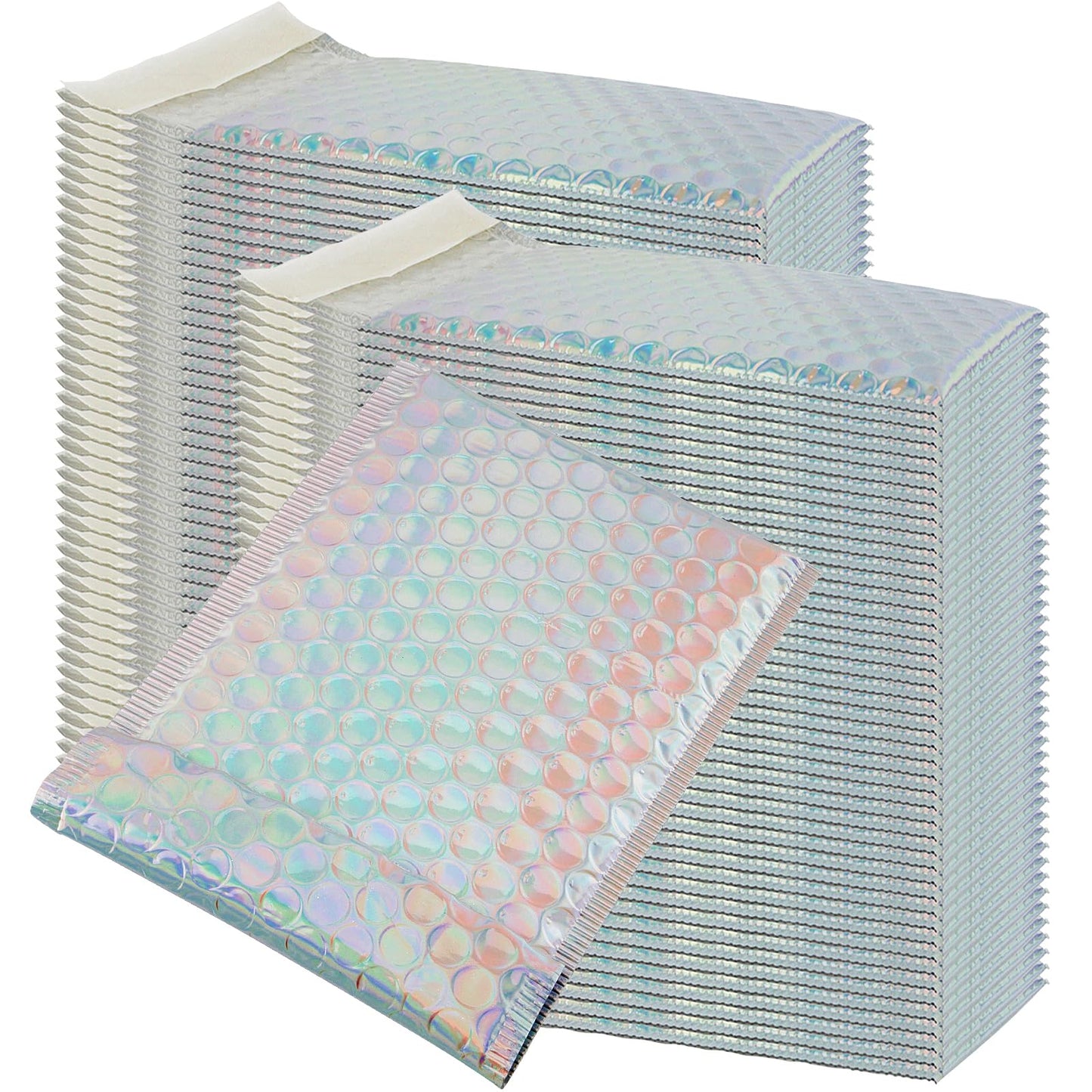 HOIGON 100 PCS 5 x 6 Inch Silver Metallic Bubble Mailers, Foil Glitter Poly Padded Mailing Cushion Envelopes, Holographic Self Seal Adhesive Shipping Bags for Mailing, Packing