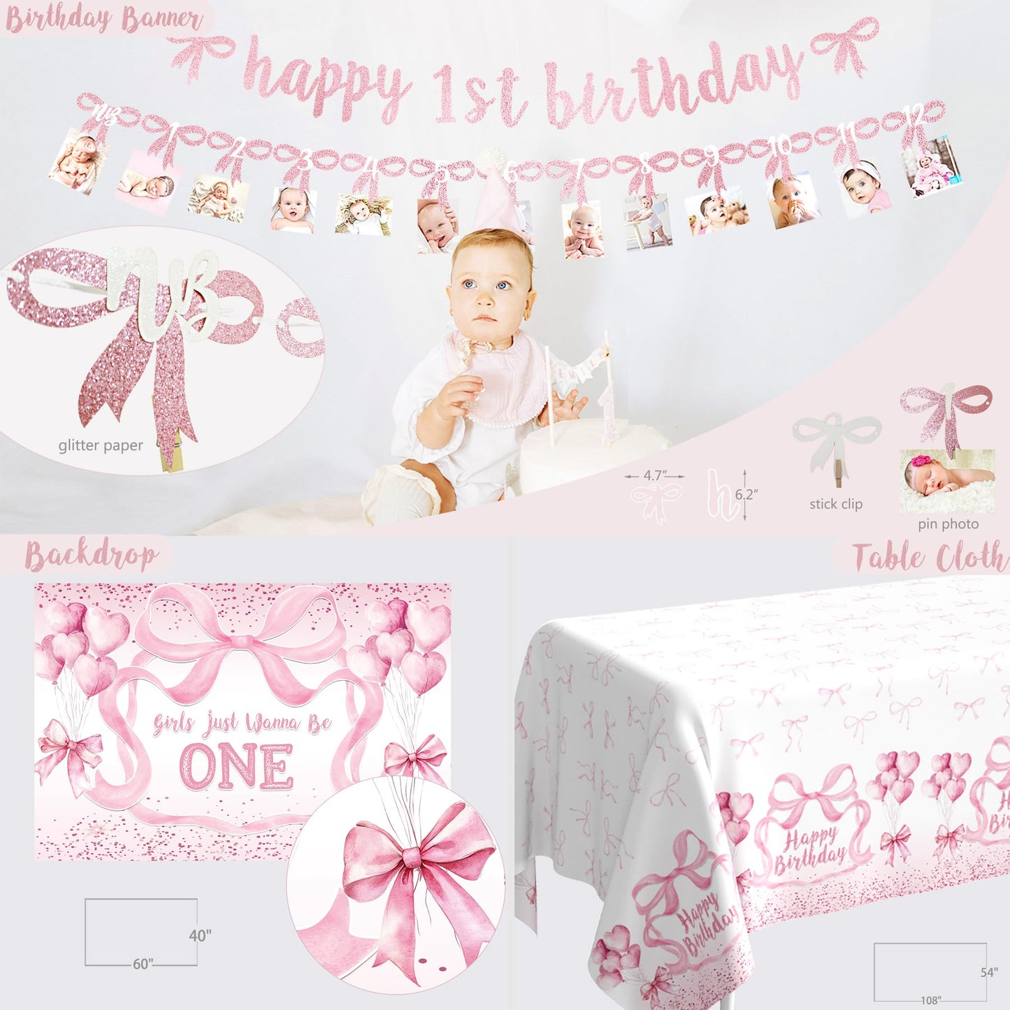 Pink Bow 1st Birthday Decorations, First Birthday Party Supplies for Girl, Pink White Balloon Arch Balloon Box Girls Just Wanna Be One Backdrop High Chair Banner